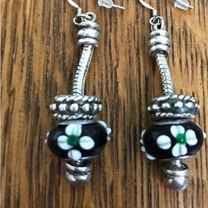 Pandora Sterling and Murano Black and Silver Earrings with Ornate Details